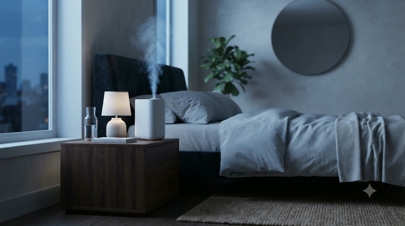 Soft humidifier mist rising in a bright, plant-filled room
