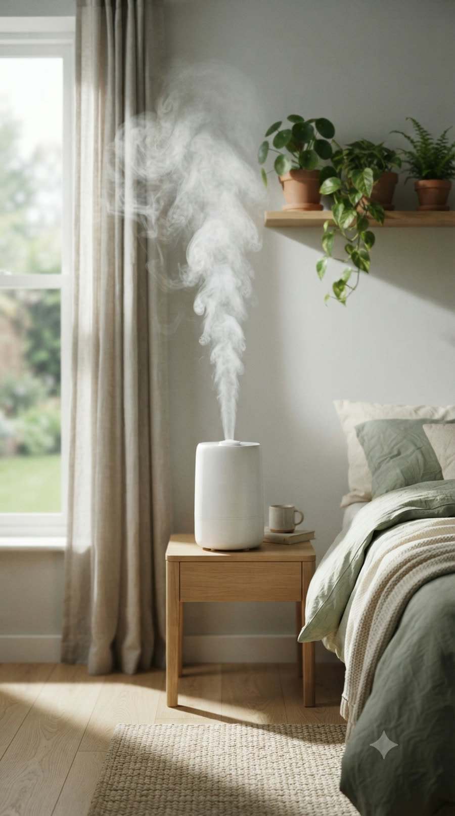 Fine humidifier mist drifting past a bright bedroom window